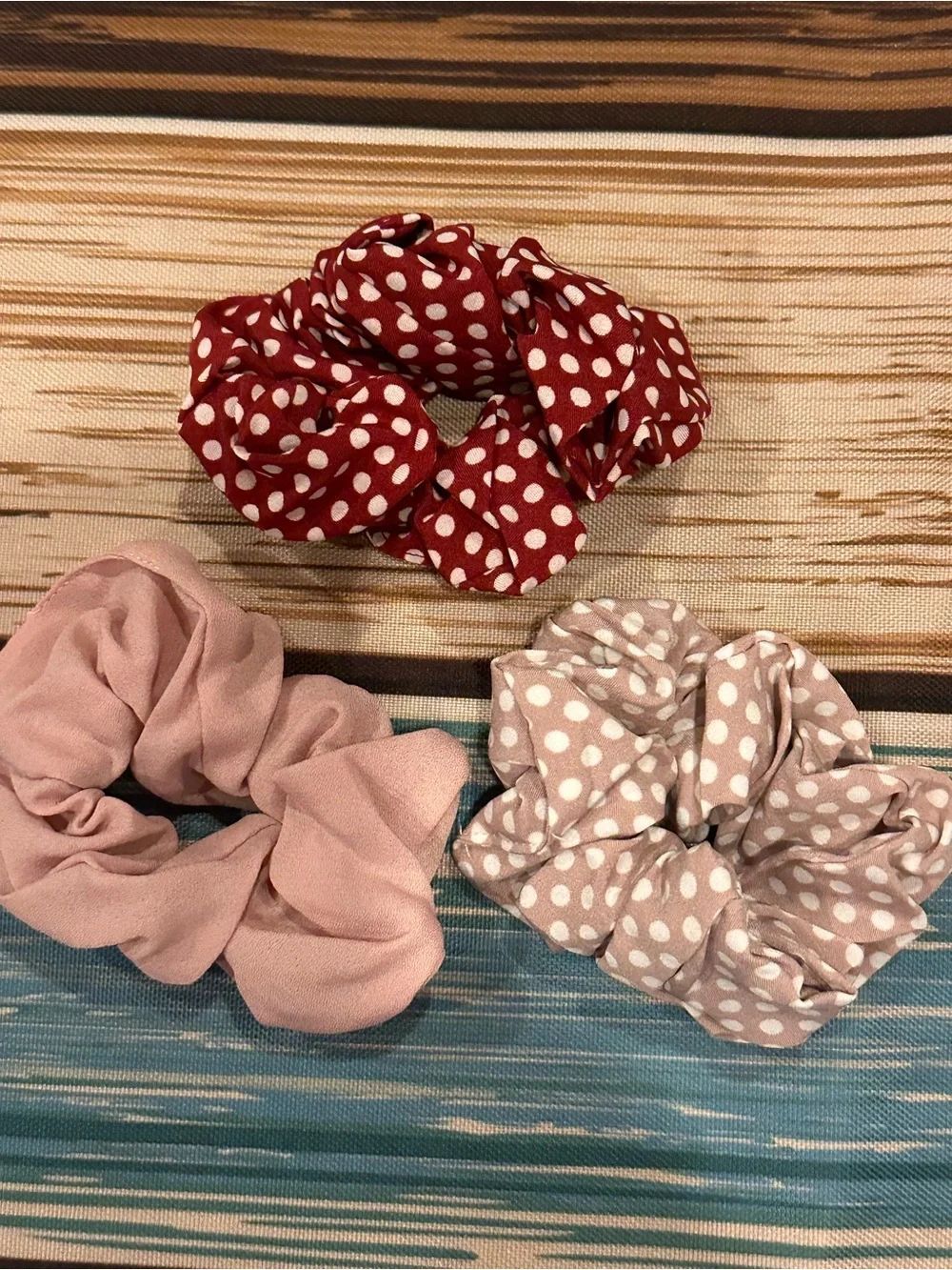 Polka Dot and Solid Scrunchie Set - Pink, Red, Light Pink